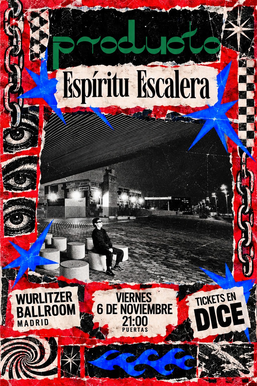 Cartel del concierto de producto + espiritu escalera en el Wurlitzer Ballroom de Madrid
