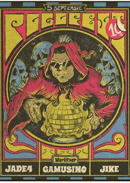Cartel del concierto de jade 4 + gamusino + jike en el Wurlitzer Ballroom